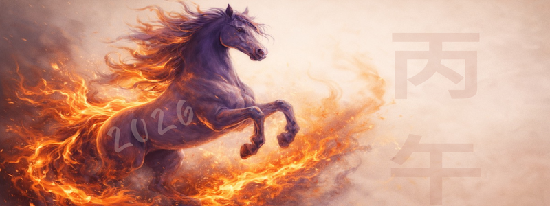 Cheval de feu symbolisant l'année 2026 en astrologie chinoise et BaZi avec flammes dorées sur fond violet
