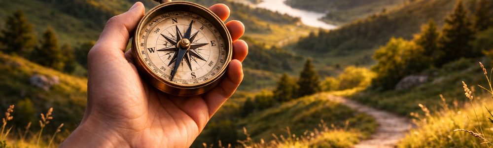 Main tenant une boussole face à la nature — trouver sa voie professionnelle grâce au BaZi